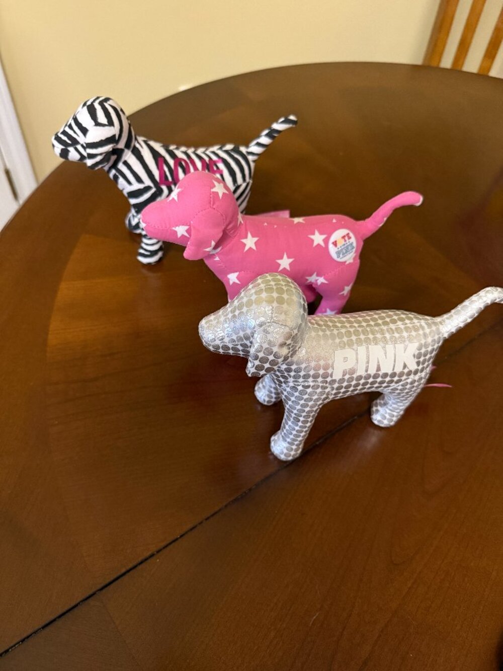 PINK Victoria's Secret plush dogs (Pink Star VOTE, Zebra LOVE, Silver Metallic)